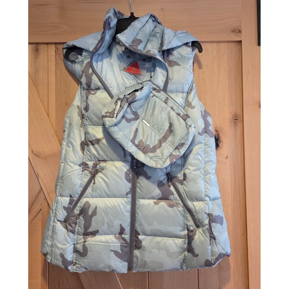 New! My Anorak Women Sz L Long Nylon Hood Duck Down Vest Blue Camo Puffer w/Bag